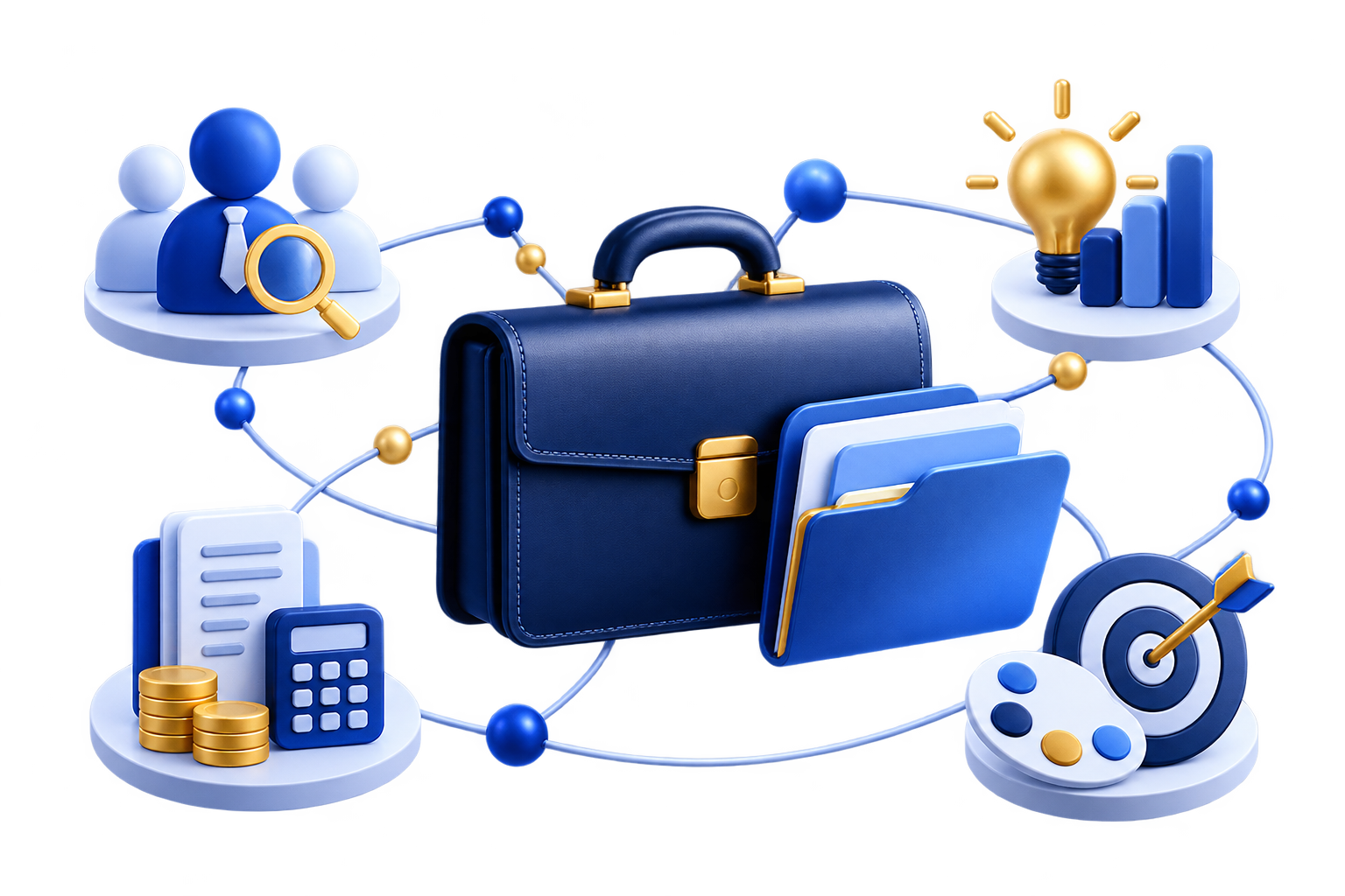 Connected business service symbols for recruitment, payroll, advisory and brand planning