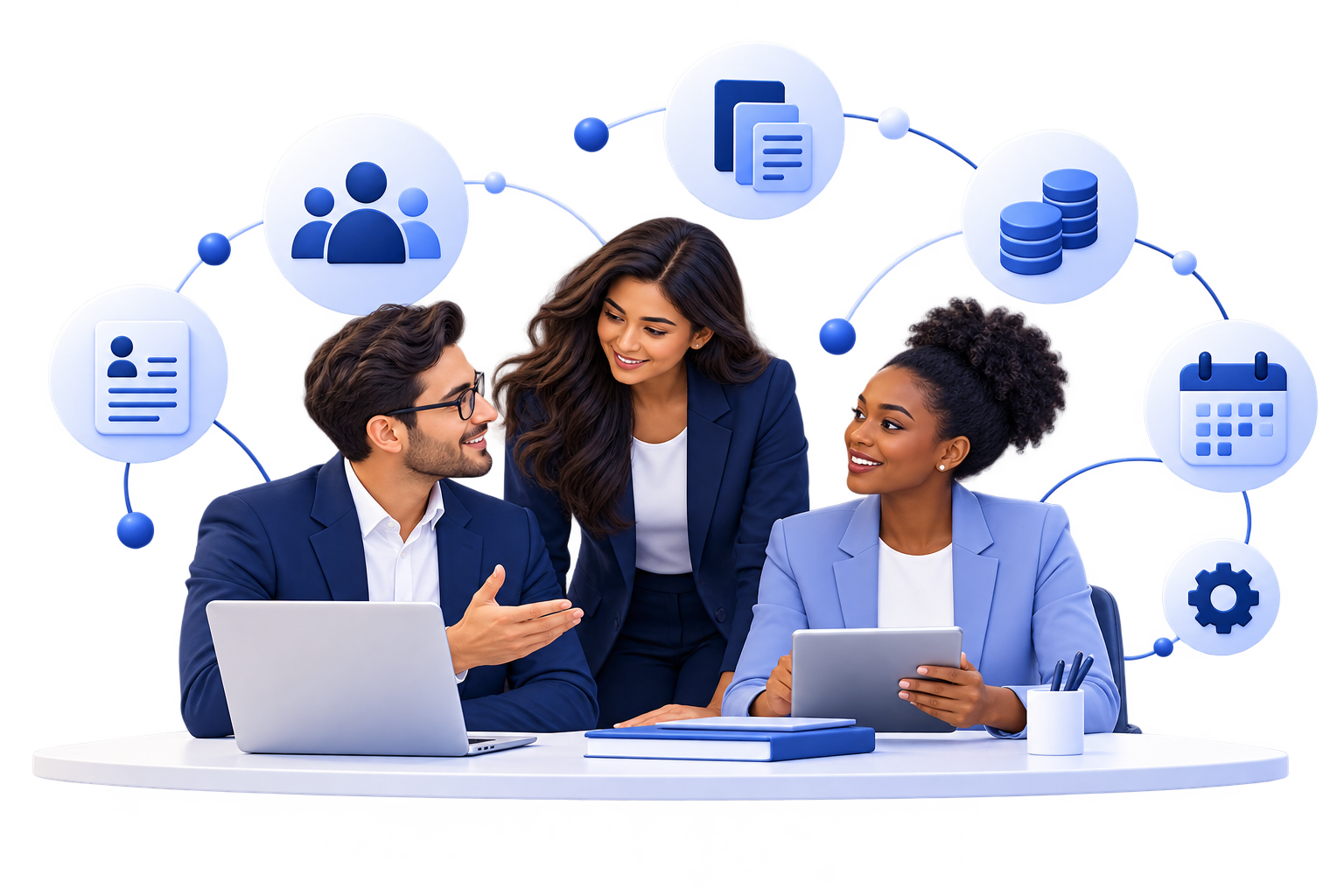 Three colleagues collaborating, surrounded by connected people, payroll, planning and workflow symbols